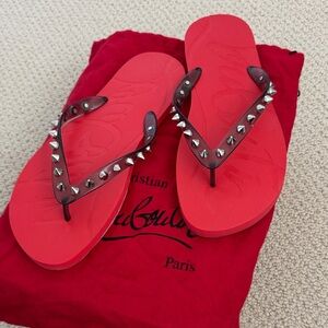 NWT-Christian Louboutin Red Flip Flops with Silver Studs